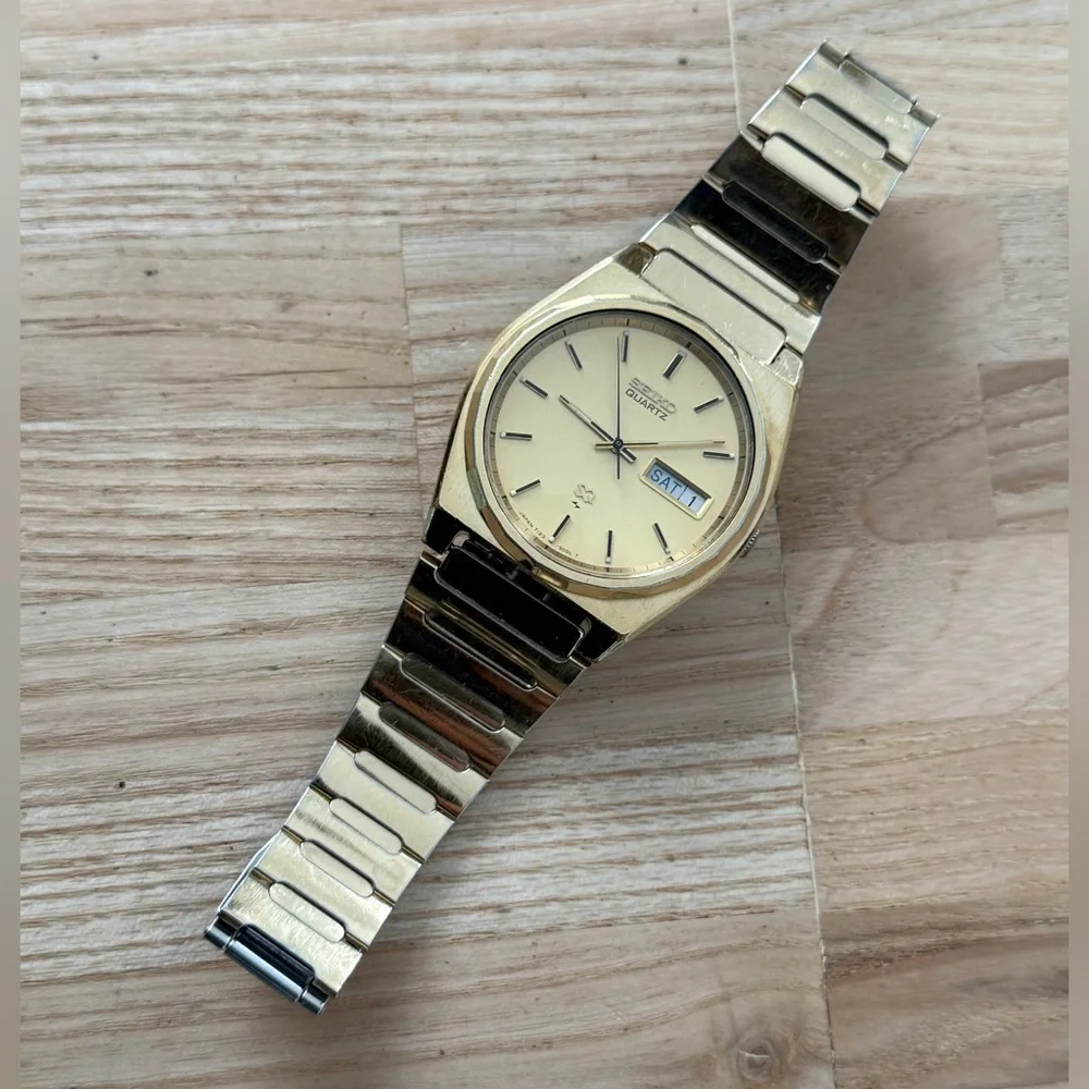 Seiko SQ Rare Vintage Men’s Watch Gold Dial Case Bracelet Hands New Crystal